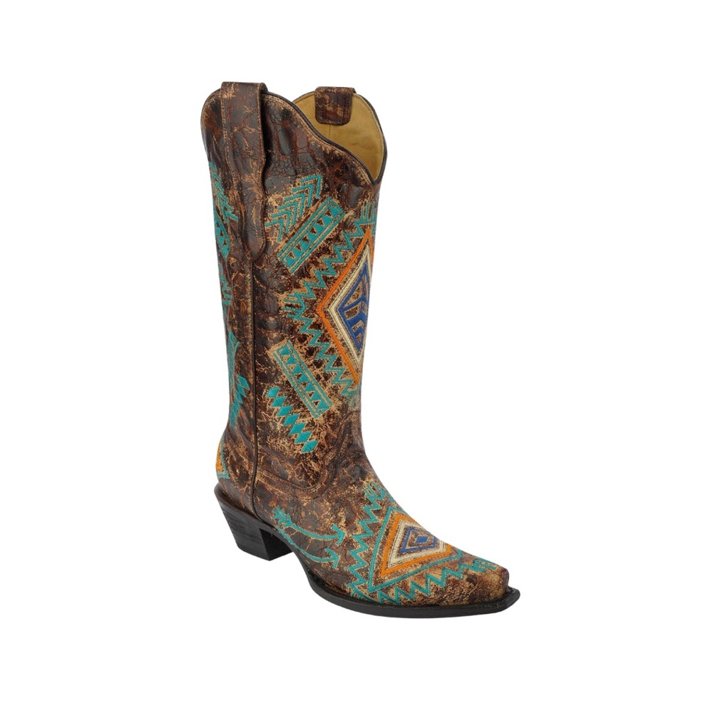 CORRAL WOMEN'S DIAMOND COWGIRL SNIP TOE TURQUOISE COGNAC BOOTS size 6 - Picture 11 of 11
